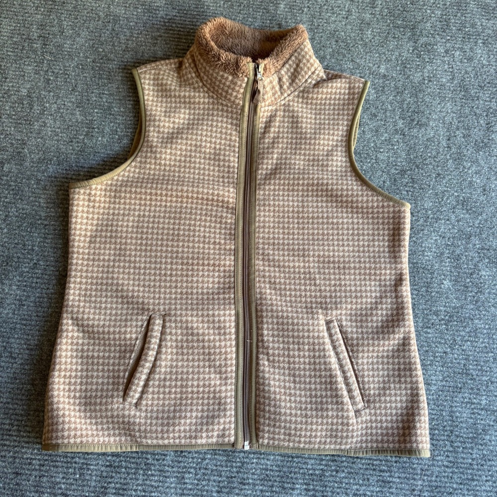 Croft & Barrow Womens Tan Brown Houndstooth Fleece Full Zip Vest Mock Neck Med
